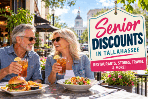 Couple enjoying food and drinks outdoors using senior discounts in Tallahassee