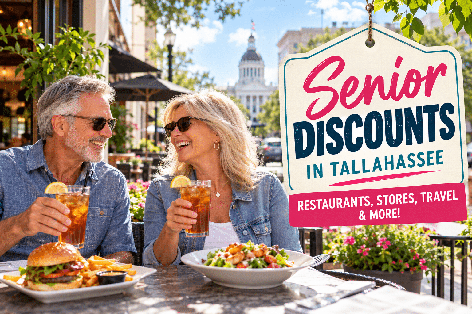Couple enjoying food and drinks outdoors using senior discounts in Tallahassee
