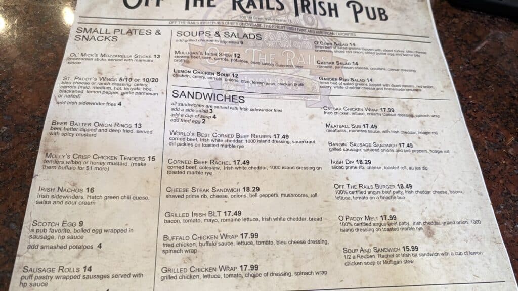 off the rails menu 1