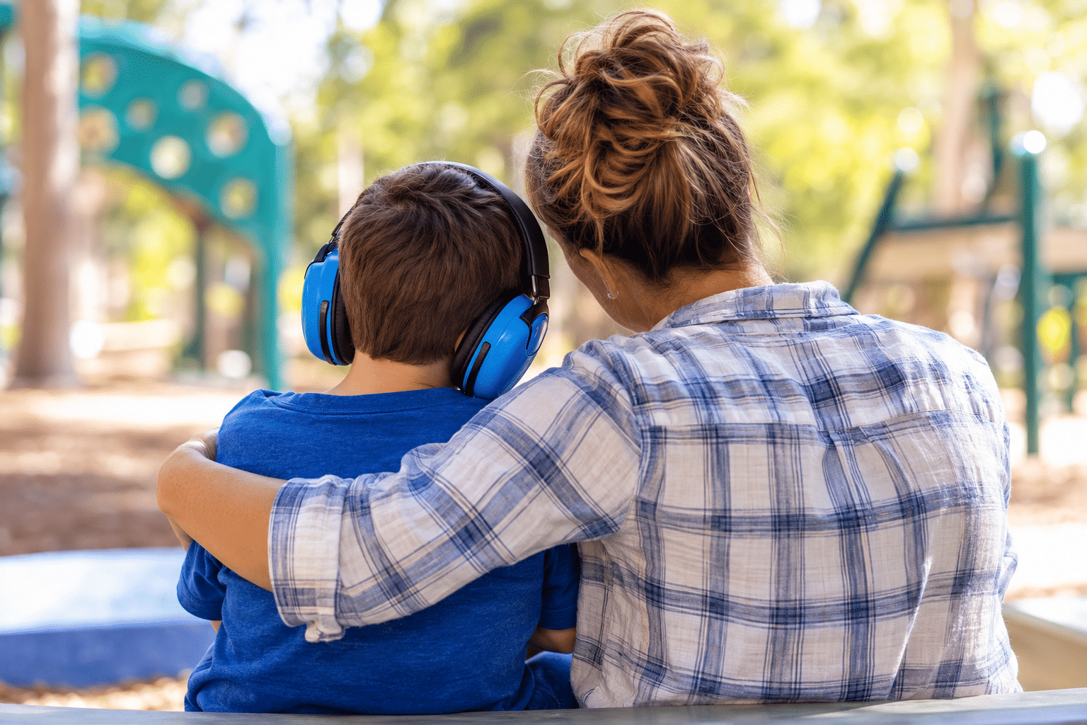 Child with headphones, adult in park
